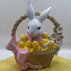 Easter Bunny Rabbit Chicks Sitting inside Basket Pink Bow Figurine Figure New